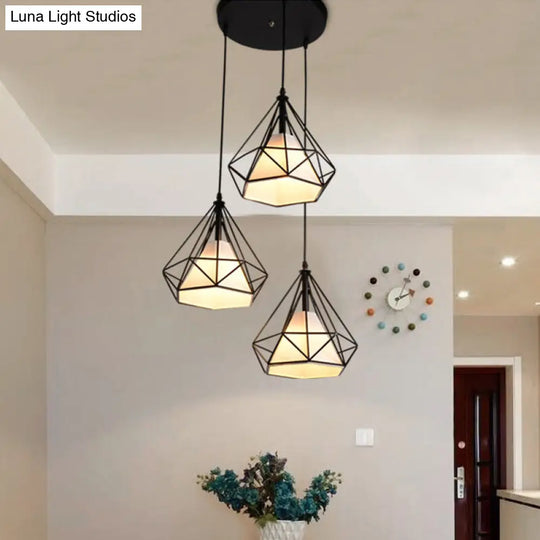 Industrial Black Pendant Light With Diamond Cage Shade For Dining Room