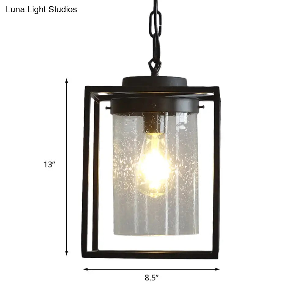 Industrial Seeded Glass Pendant With Black Cage For Indoor Lighting