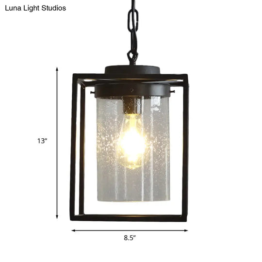 Industrial Seeded Glass Pendant With Black Cage For Indoor Lighting