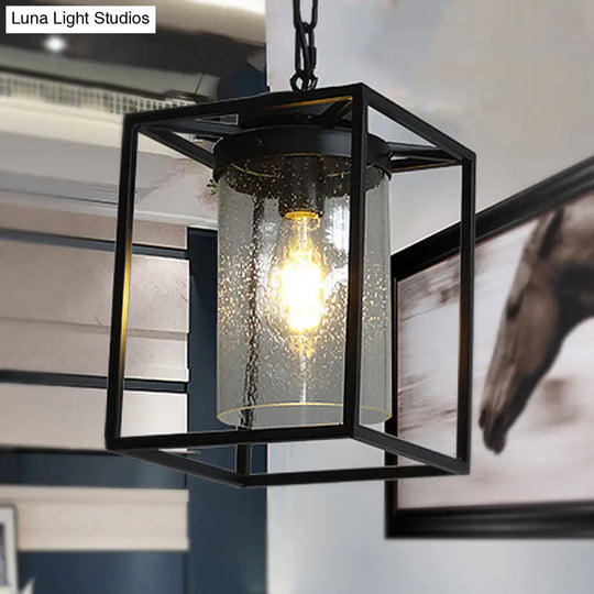 Industrial Seeded Glass Pendant With Black Cage For Indoor Lighting