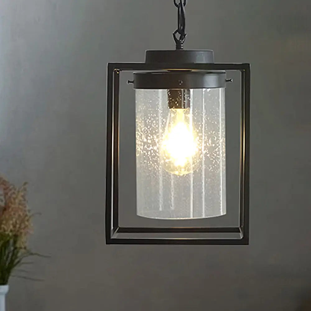 Industrial Black Pendant Light With Seeded Glass Cylinder For Indoor Spaces - Includes Cage