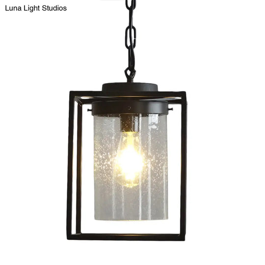 Industrial Seeded Glass Pendant With Black Cage For Indoor Lighting