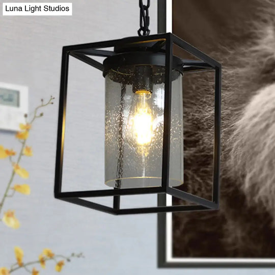 Industrial Black Pendant Light With Seeded Glass Cylinder For Indoor Spaces - Includes Cage