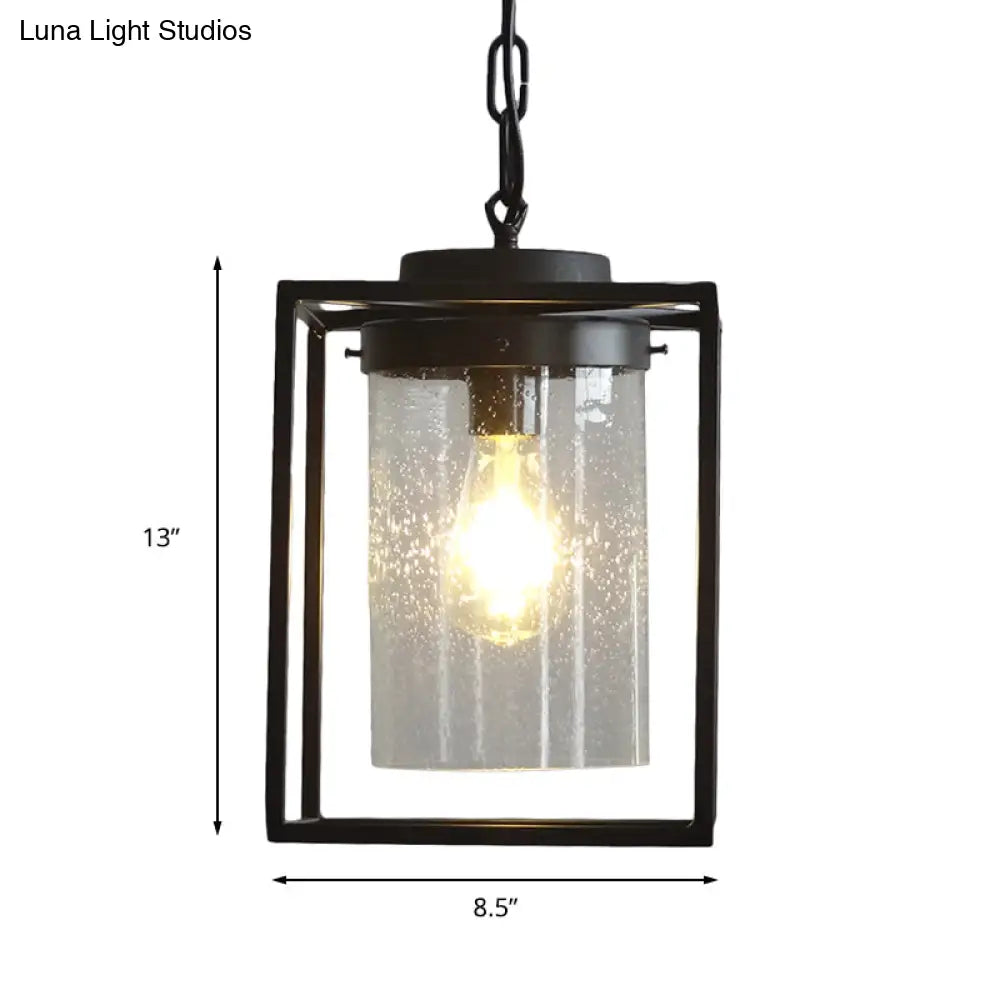 Industrial Black Pendant Light With Seeded Glass Cylinder For Indoor Spaces - Includes Cage