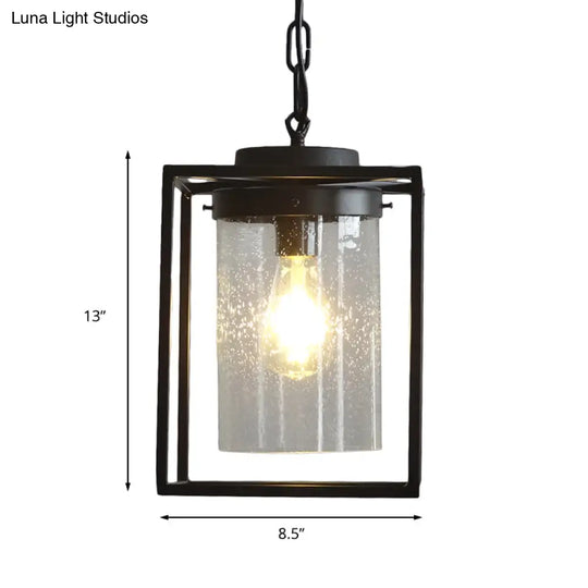 Industrial Black Pendant Light With Seeded Glass Cylinder For Indoor Spaces - Includes Cage