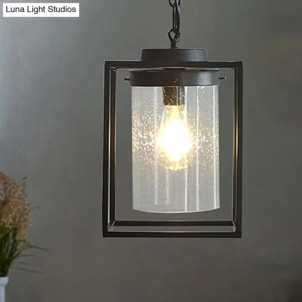 Industrial Seeded Glass Pendant With Black Cage For Indoor Lighting