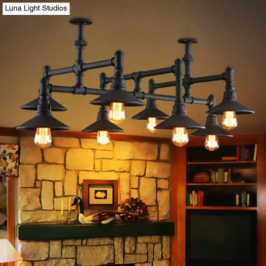 Industrial Black Iron Pendant Chandelier With Conical Lampshade And Piping Detail