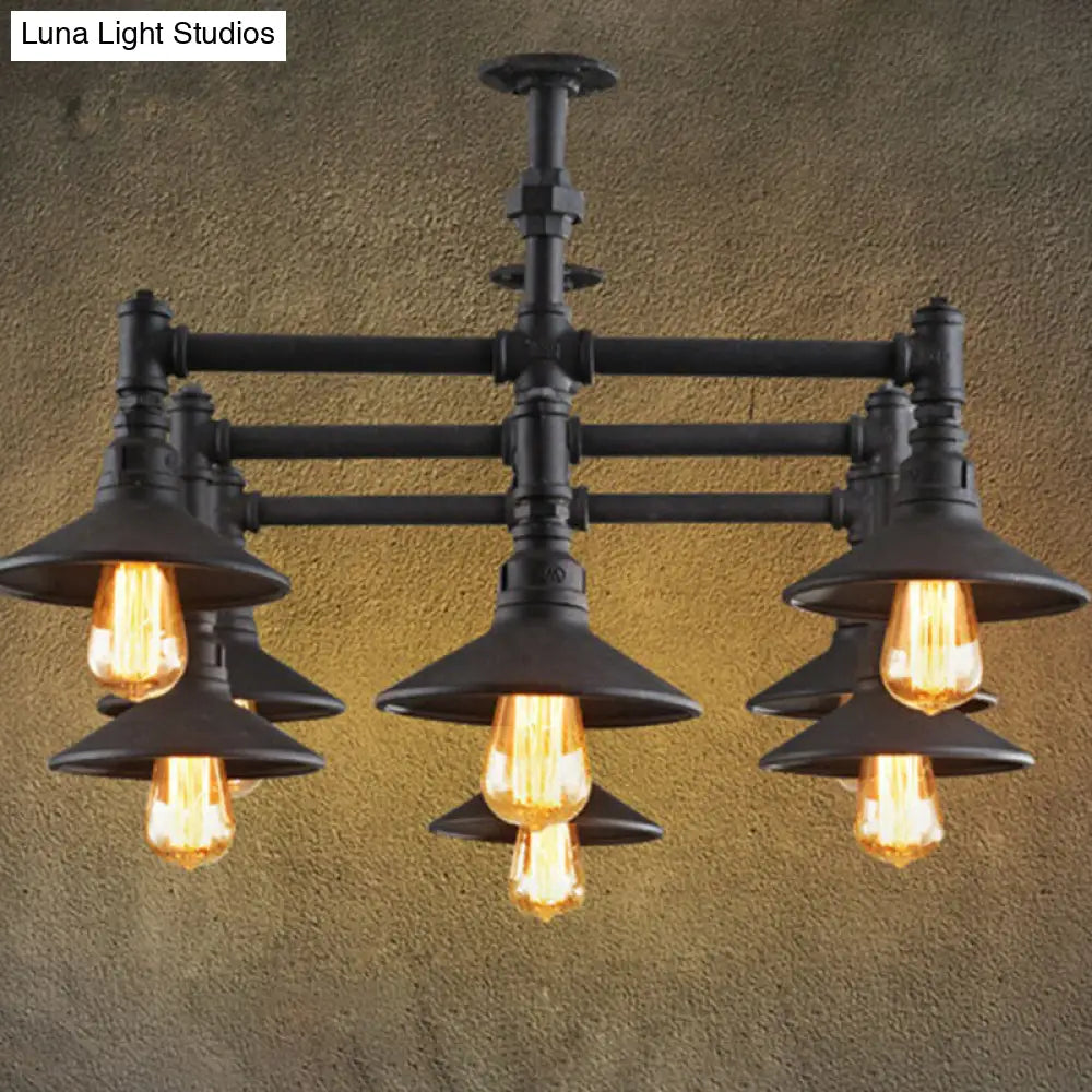Industrial Black Iron Pendant Chandelier With Conical Lampshade And Piping Detail