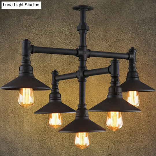 Industrial Black Iron Pendant Chandelier With Conical Lampshade And Piping Detail