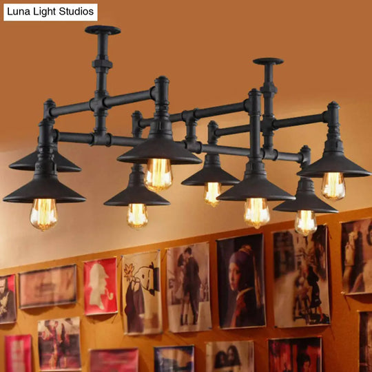 Industrial Black Iron Pendant Chandelier With Conical Lampshade And Piping Detail 8 /