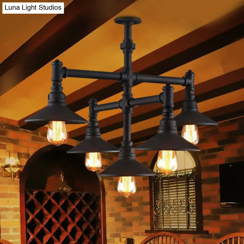 Industrial Black Iron Pendant Chandelier With Conical Lampshade And Piping Detail 5 /
