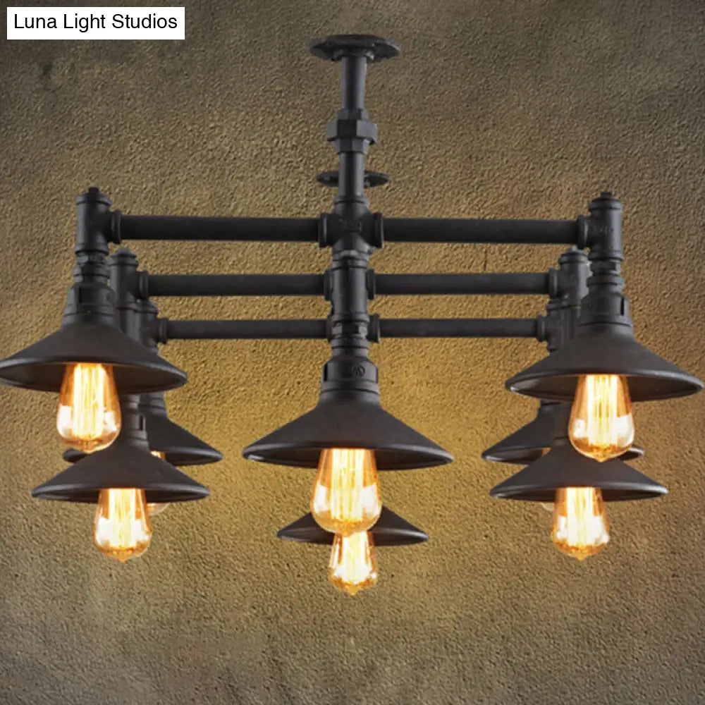 Industrial Black Piping Chandelier With Conical Lampshade & Iron Finish