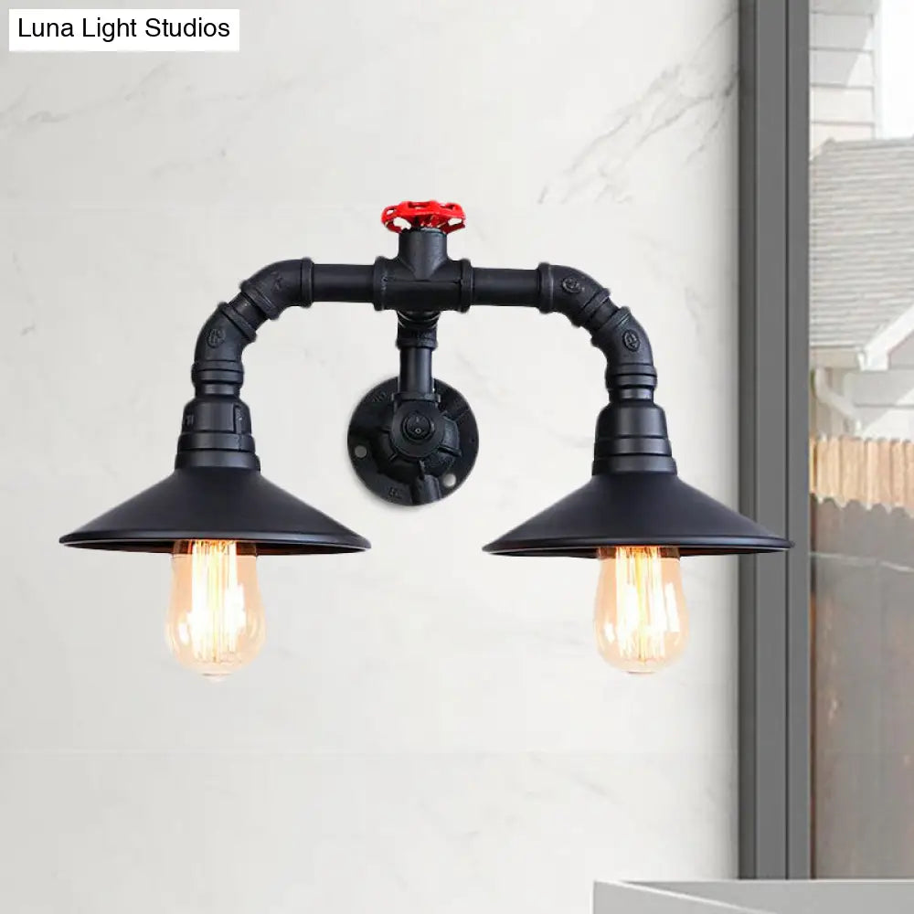 Industrial Black Plumbing Pipe Wall Sconce With Red Valve: Rustic Metallic Stairway Lighting