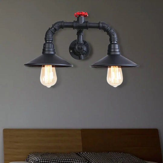 Industrial Black Plumbing Pipe Wall Sconce With Red Valve: Rustic Metallic Stairway Lighting