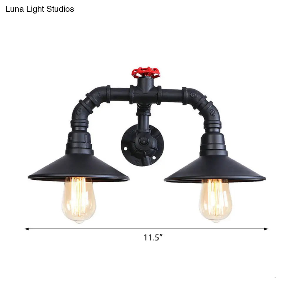 Industrial Black Plumbing Pipe Wall Sconce With Red Valve: Rustic Metallic Stairway Lighting