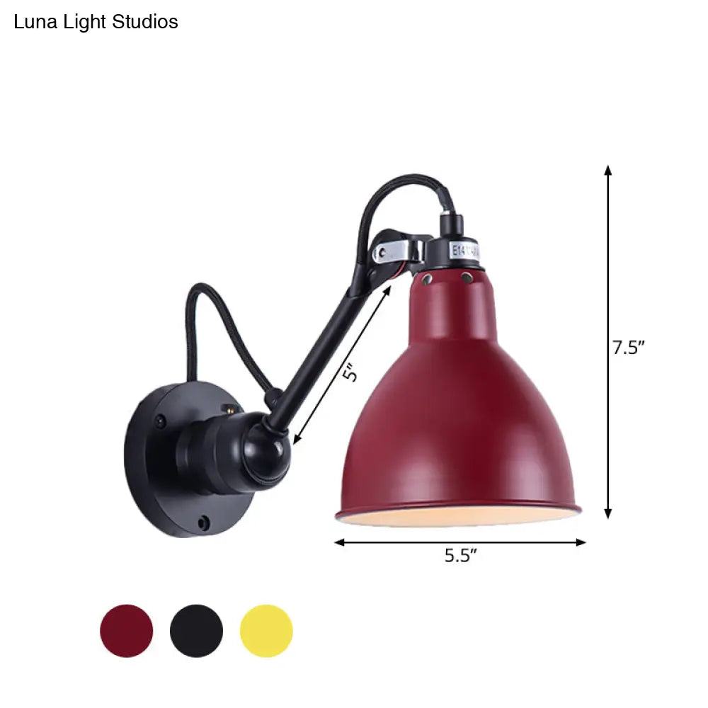 Industrial Black/Red/Yellow Swing Arm Wall Reading Lamp Single Bowl Shade Sconce Light