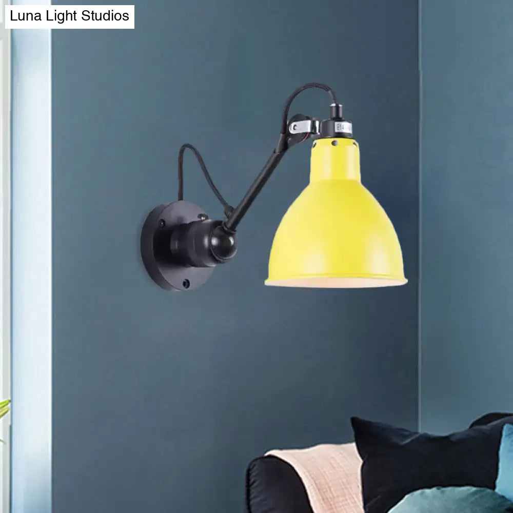 Industrial Black/Red/Yellow Swing Arm Wall Reading Lamp Single Bowl Shade Sconce Light