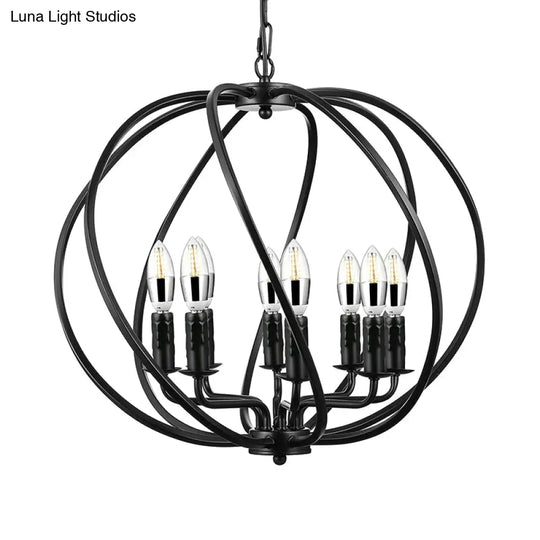 Industrial Black Round Cage Chandelier - 8-Light Pendant Light For Large Dining Rooms With Candle