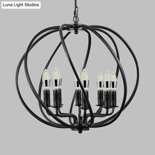 Industrial Metal Round Cage Chandelier With 8 Lights - Black Pendant Lighting For Dining Room