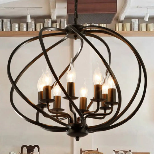 Industrial Black Round Cage Chandelier - 8-Light Pendant Light For Large Dining Rooms With Candle