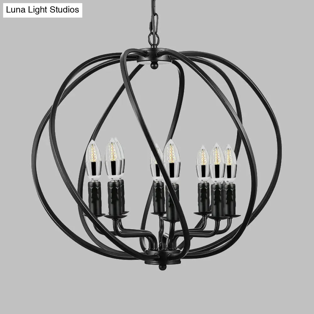 Industrial Black Round Cage Chandelier - 8-Light Pendant Light For Large Dining Rooms With Candle