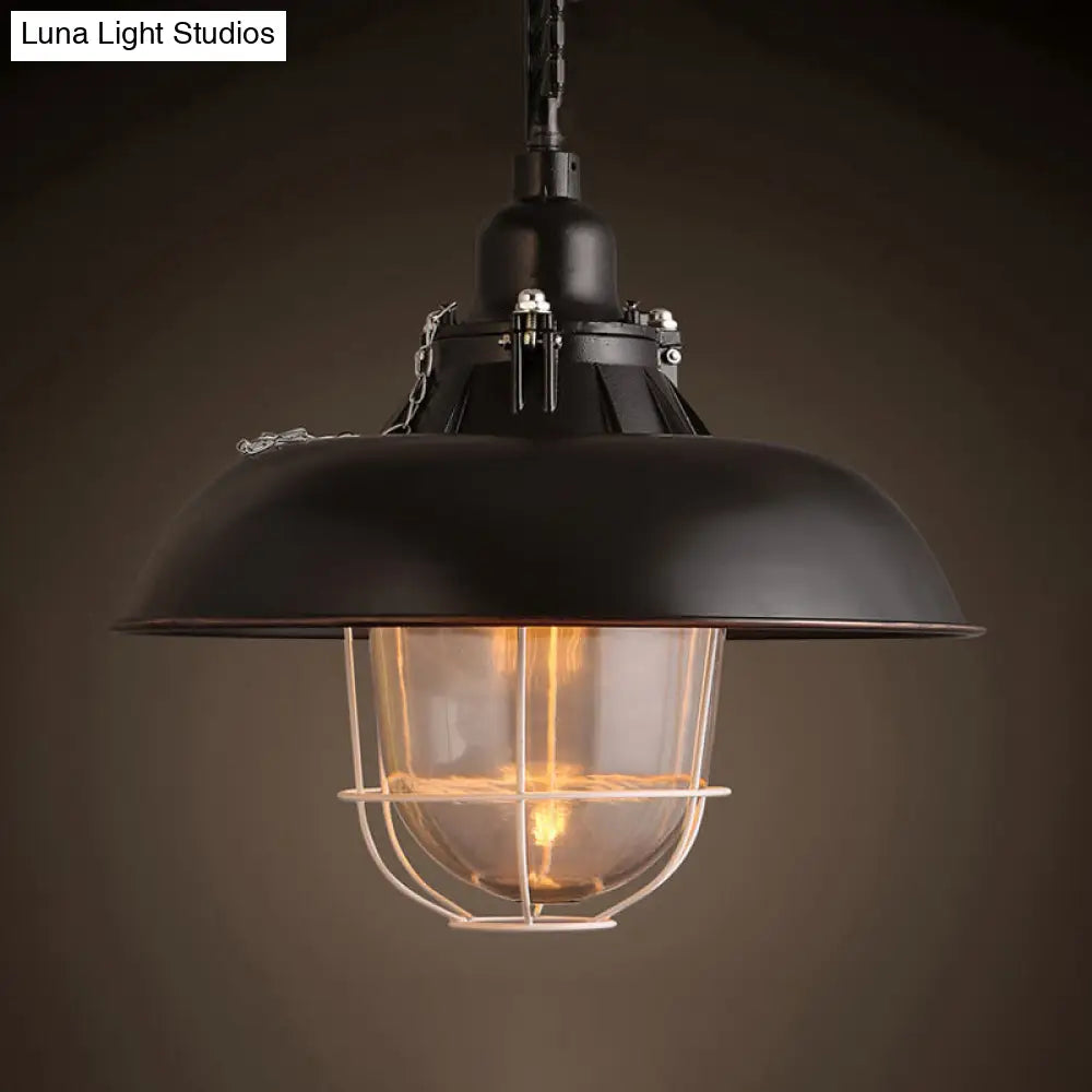 Industrial Black/Rust Metal And Glass Ceiling Light With Wire Cage - Perfect For Restaurants Black