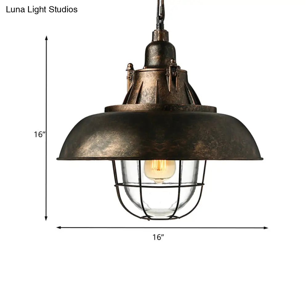 Industrial Black/Rust Metal And Glass Ceiling Light With Wire Cage - 1-Head Bowl Hanging Fixture