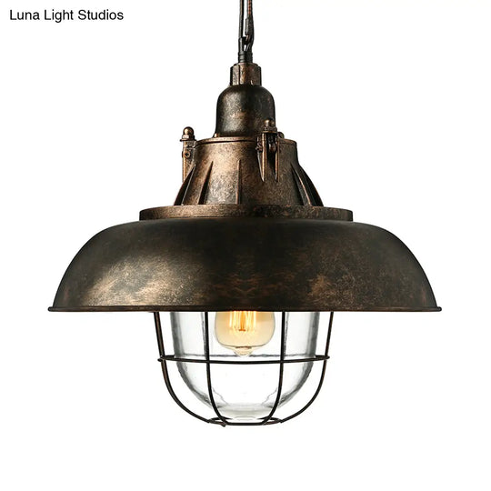 Industrial Black/Rust Metal And Glass Ceiling Light With Wire Cage - 1-Head Bowl Hanging Fixture