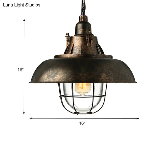 Industrial Black/Rust Metal And Glass Ceiling Light With Wire Cage - Perfect For Restaurants