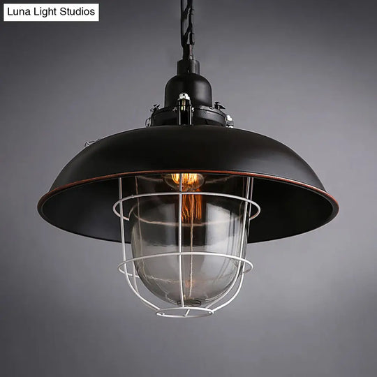 Industrial Black/Rust Metal And Glass Ceiling Light With Wire Cage - 1-Head Bowl Hanging Fixture