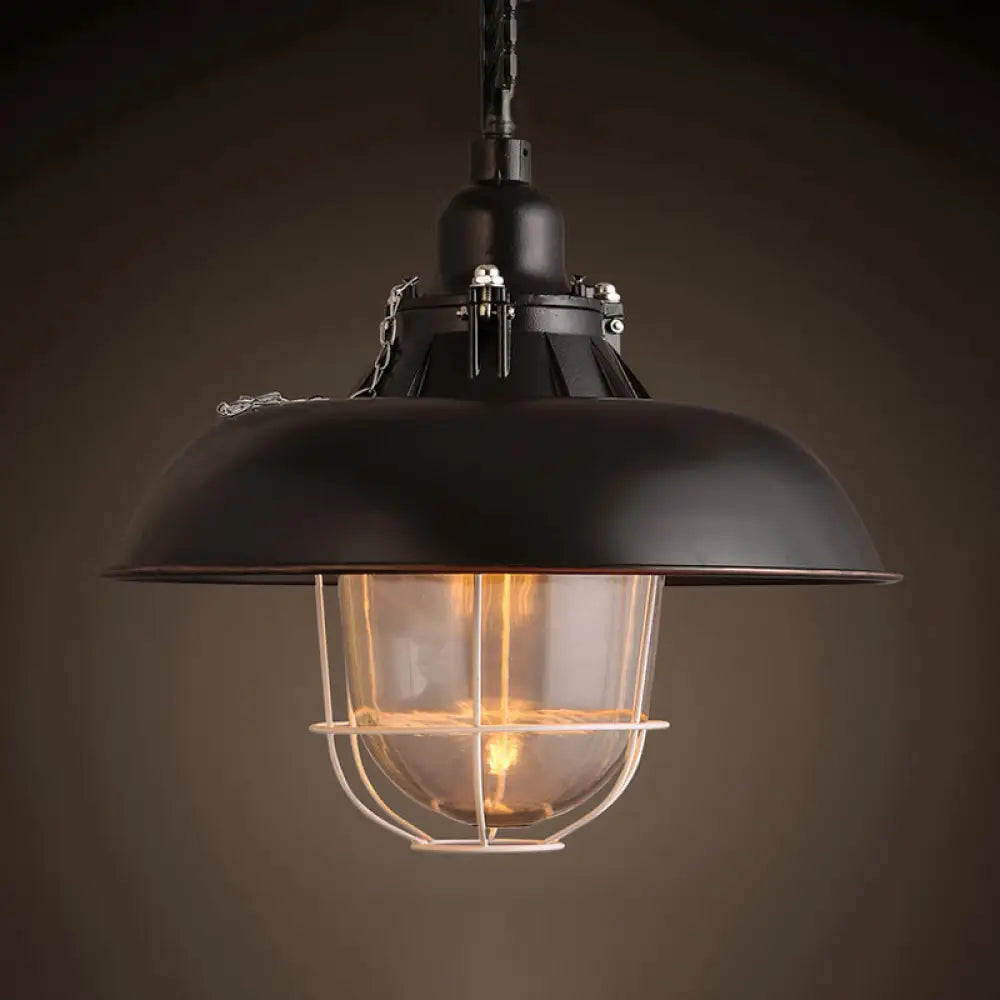 Industrial Black/Rust Metal And Glass Ceiling Light With Wire Cage - 1-Head Bowl Hanging Fixture