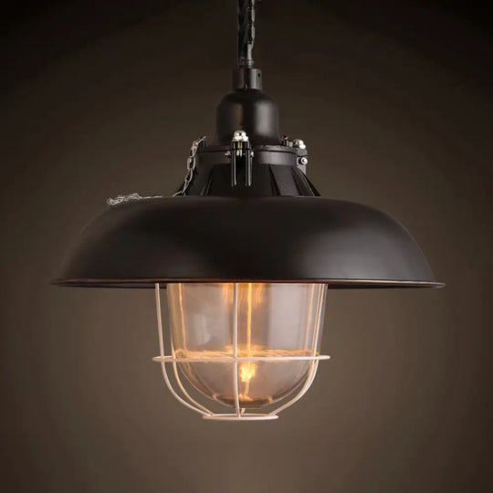 Industrial Black/Rust Metal And Glass Ceiling Light With Wire Cage - 1-Head Bowl Hanging Fixture