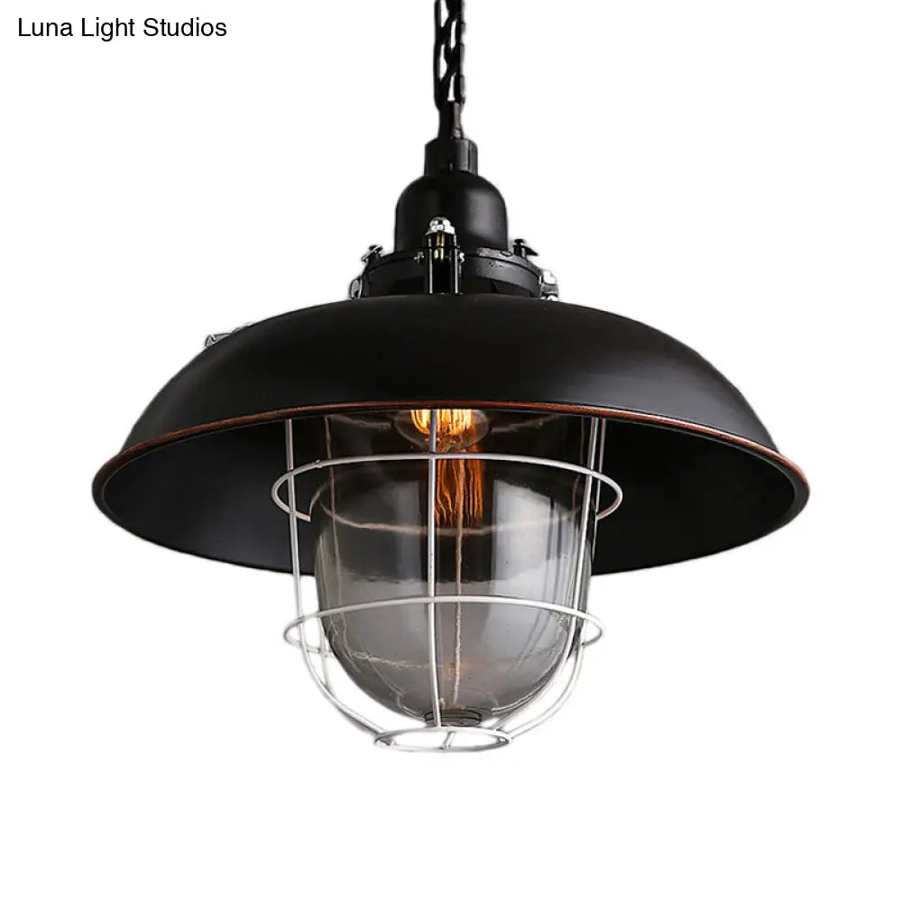 Industrial Black/Rust Metal And Glass Ceiling Light With Wire Cage - Perfect For Restaurants