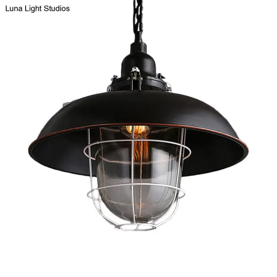 Industrial Black/Rust Metal And Glass Ceiling Light With Wire Cage - 1-Head Bowl Hanging Fixture