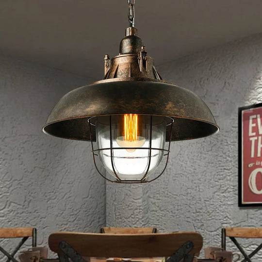 Industrial Black/Rust Metal And Glass Ceiling Light With Wire Cage - 1-Head Bowl Hanging Fixture