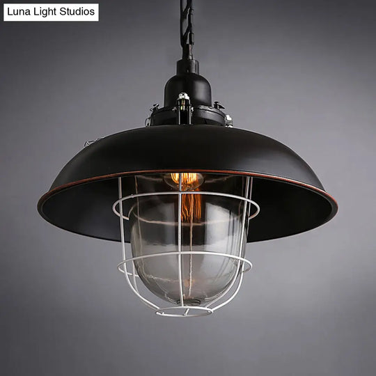 Industrial Black/Rust Metal And Glass Ceiling Light With Wire Cage - Perfect For Restaurants