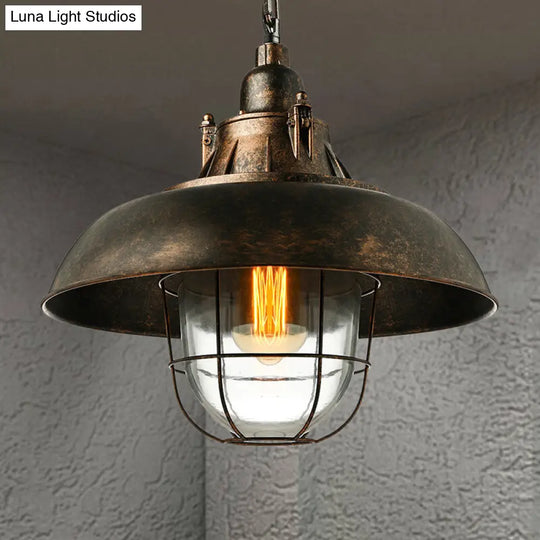 Industrial Black/Rust Metal And Glass Ceiling Light With Wire Cage - Perfect For Restaurants