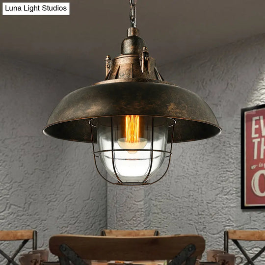 Industrial Black/Rust Metal And Glass Ceiling Light With Wire Cage - Perfect For Restaurants Rust