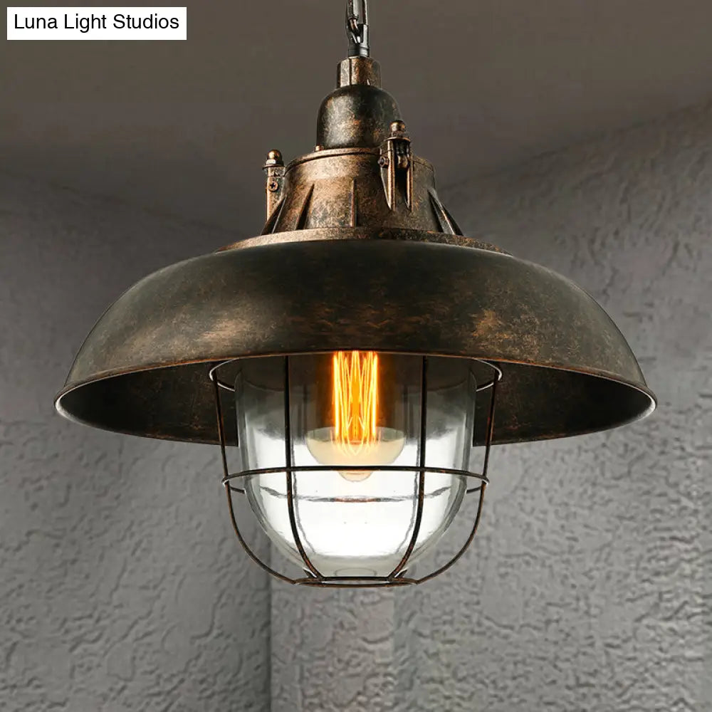 Industrial Black/Rust Metal And Glass Ceiling Light With Wire Cage - 1-Head Bowl Hanging Fixture