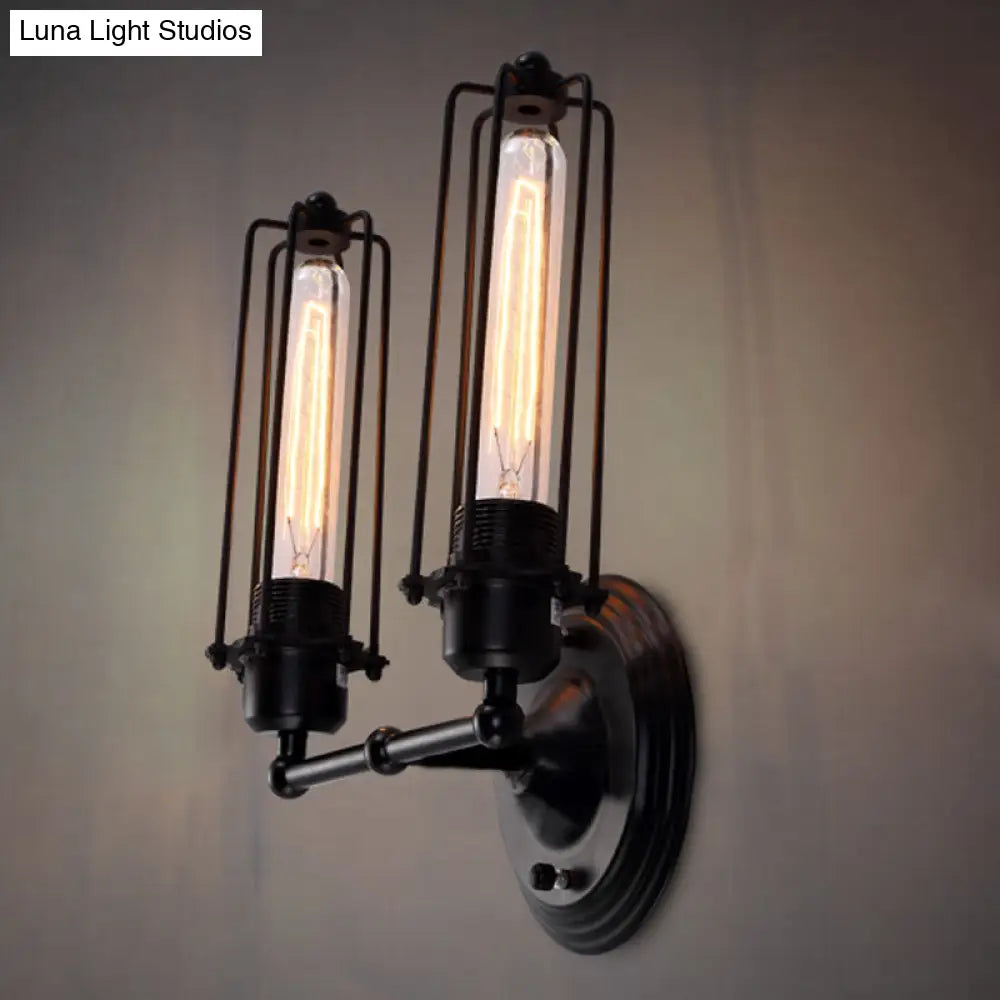 Industrial Black/Rust Metal Wall Sconce With Linear Cage Design For Living Room