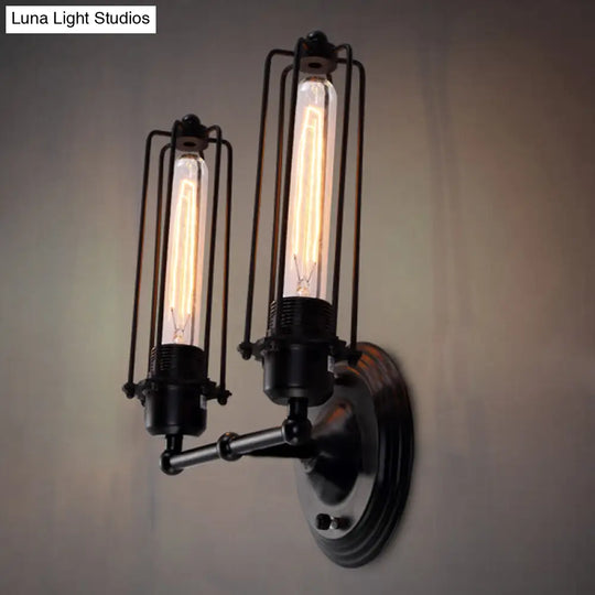 Industrial Black/Rust Metal Wall Sconce With Linear Cage Design For Living Room