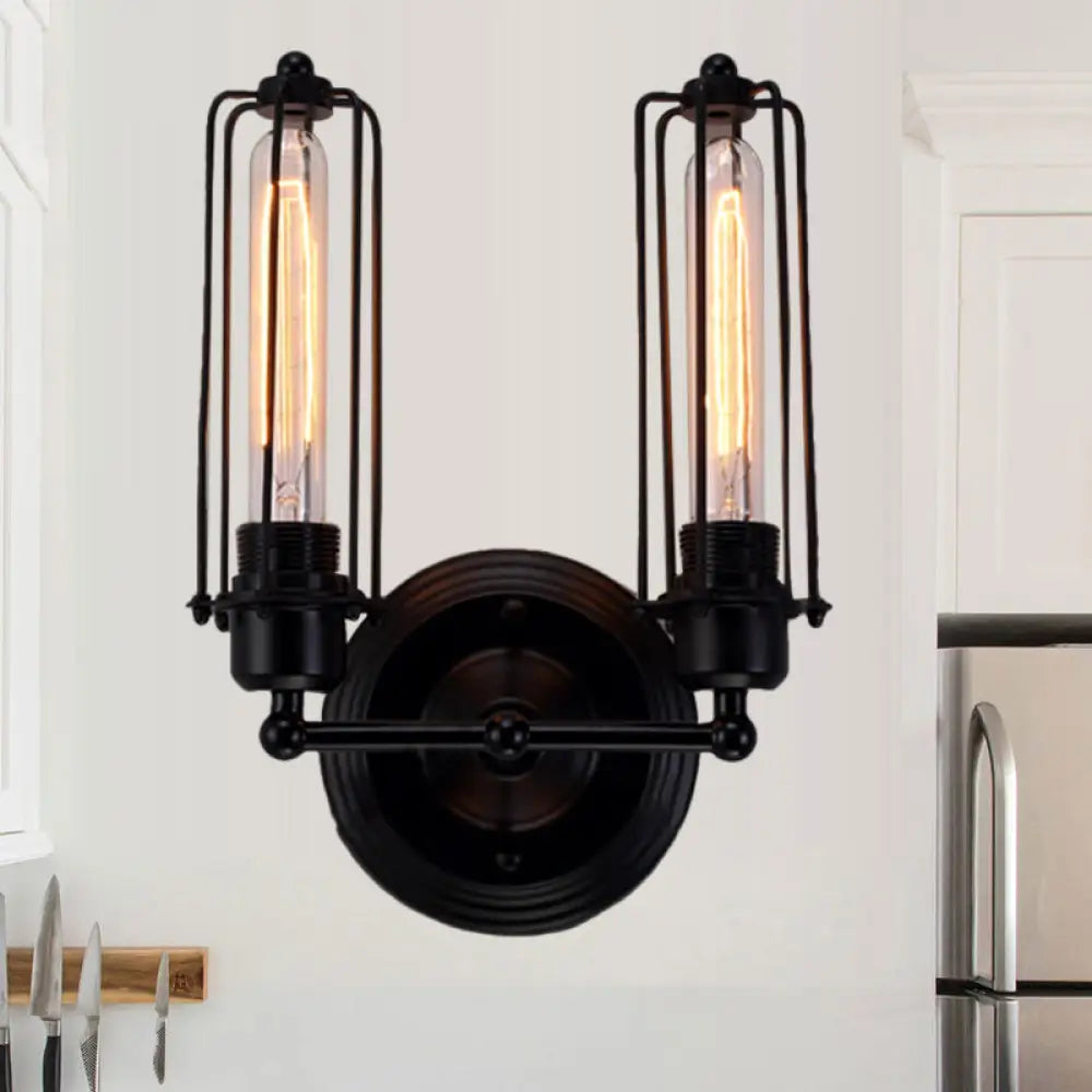 Industrial Black/Rust Metal Wall Sconce With Linear Cage Design For Living Room 2 / Black