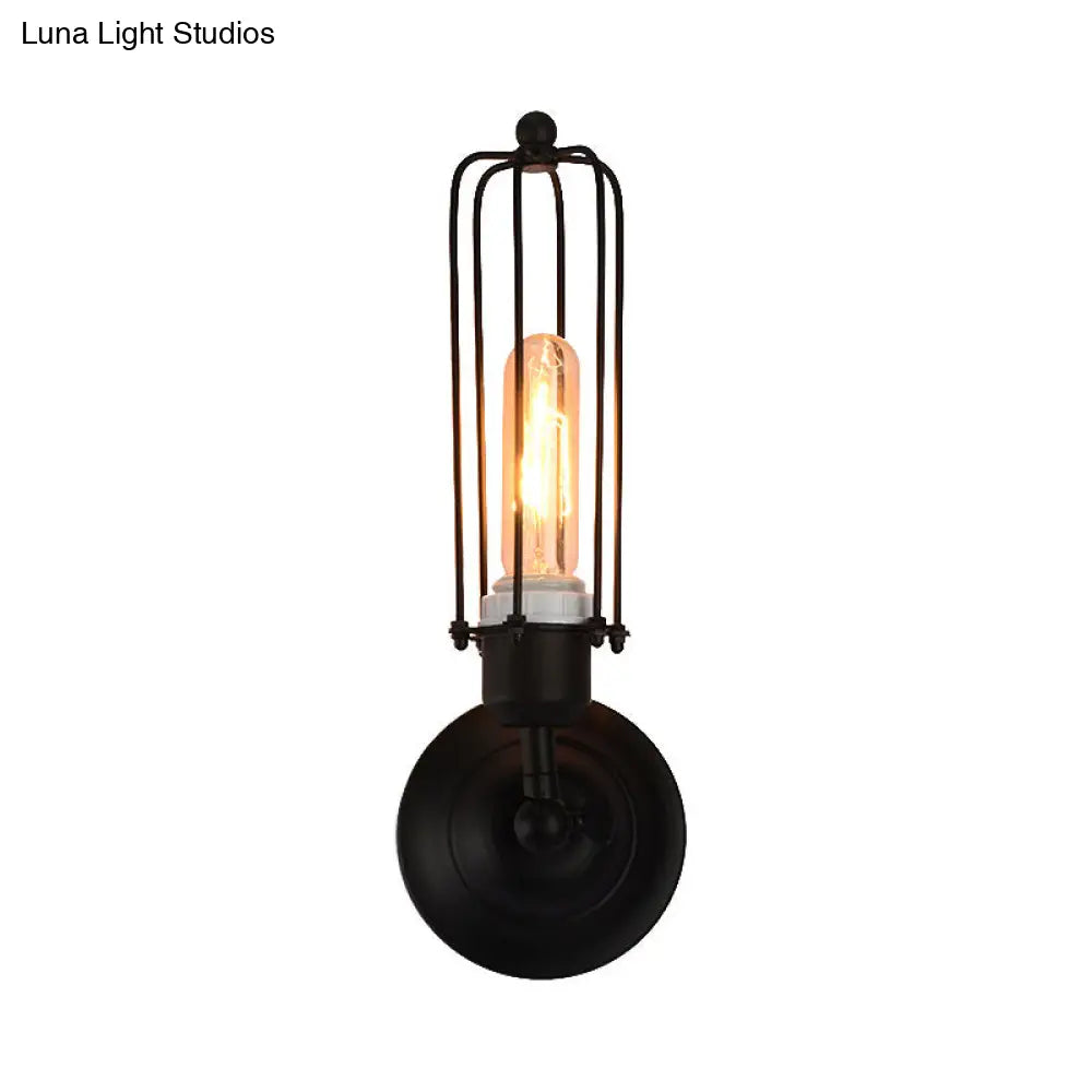 Industrial Black/Rust Metal Wall Sconce With Linear Cage Design For Living Room