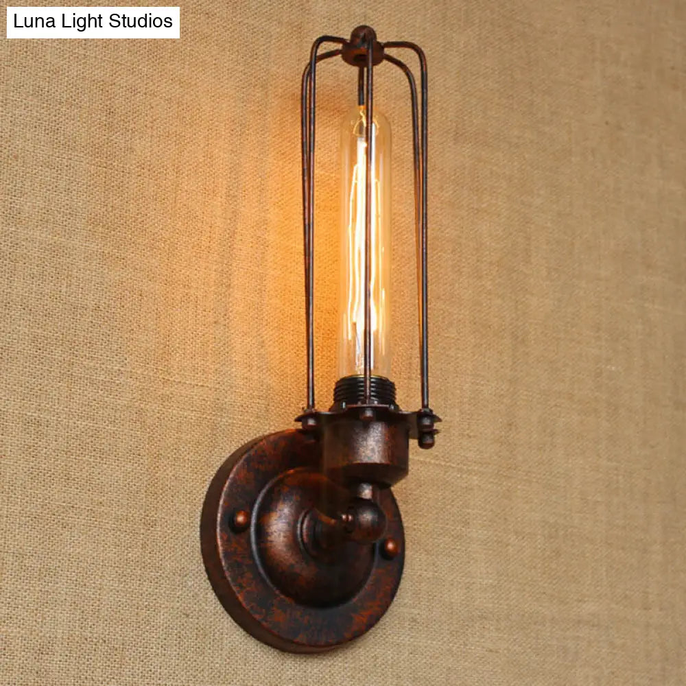 Industrial Black/Rust Metal Wall Sconce With Linear Cage Design For Living Room