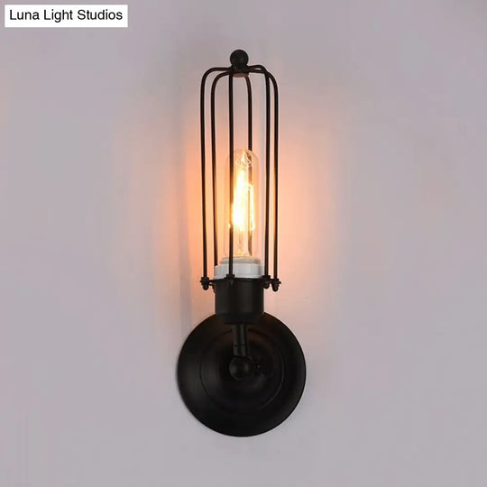 Industrial Black/Rust Metal Wall Sconce With Linear Cage Design For Living Room