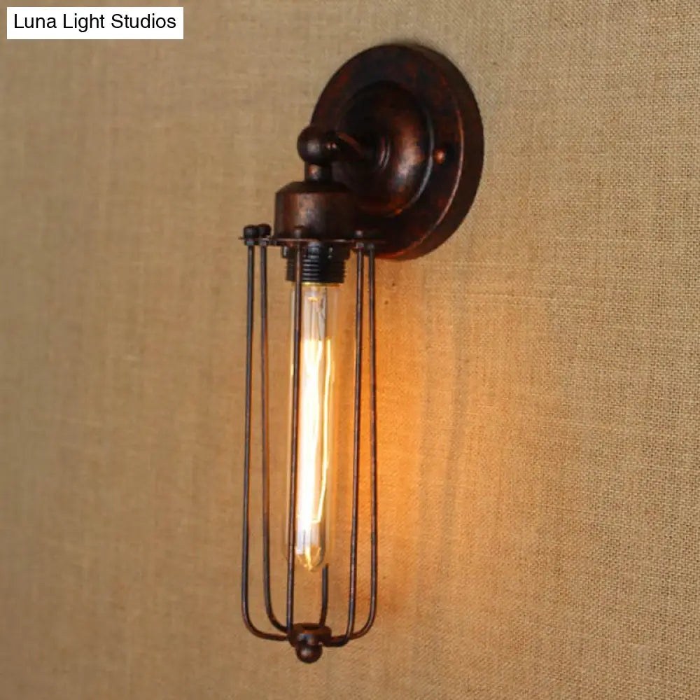 Industrial Black/Rust Metal Wall Sconce With Linear Cage Design For Living Room