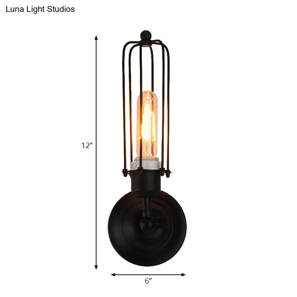 Industrial Black/Rust Metal Wall Sconce With Linear Cage Design For Living Room