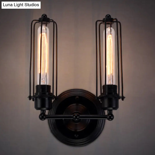 Industrial Black/Rust Metal Wall Sconce With Linear Cage Design For Living Room