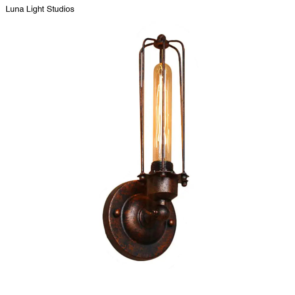 Industrial Black/Rust Metal Wall Sconce With Linear Cage Design For Living Room