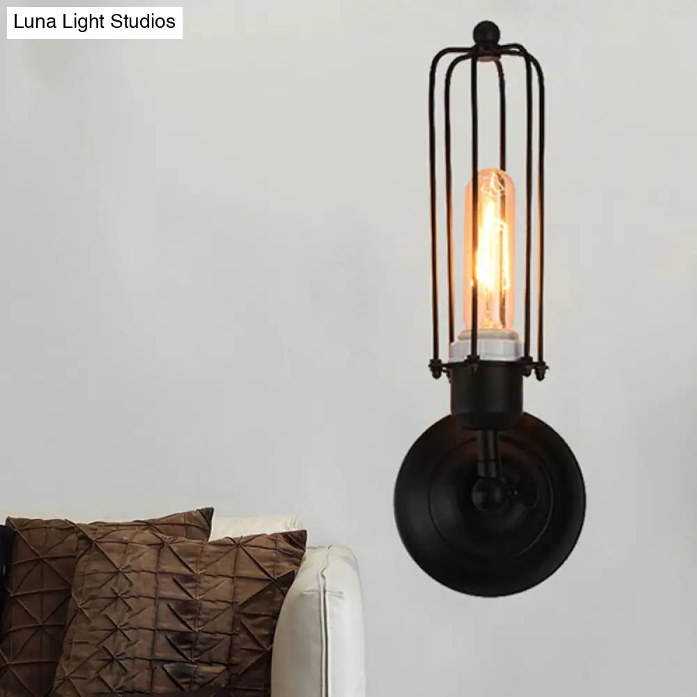 Industrial Black/Rust Metal Wall Sconce With Linear Cage Design For Living Room